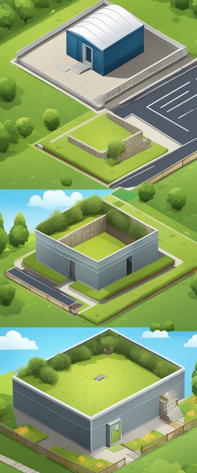 An above ground storm shelter surrounded by a spacious yard, with a sturdy metal construction and a secure locking mechanism