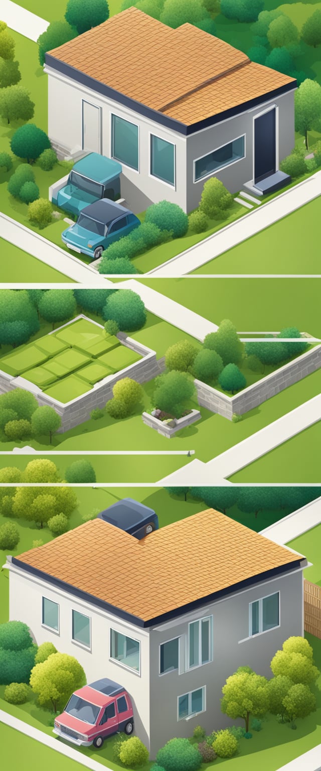 A sturdy above ground storm shelter with a sloped roof and reinforced walls, surrounded by a landscaped yard