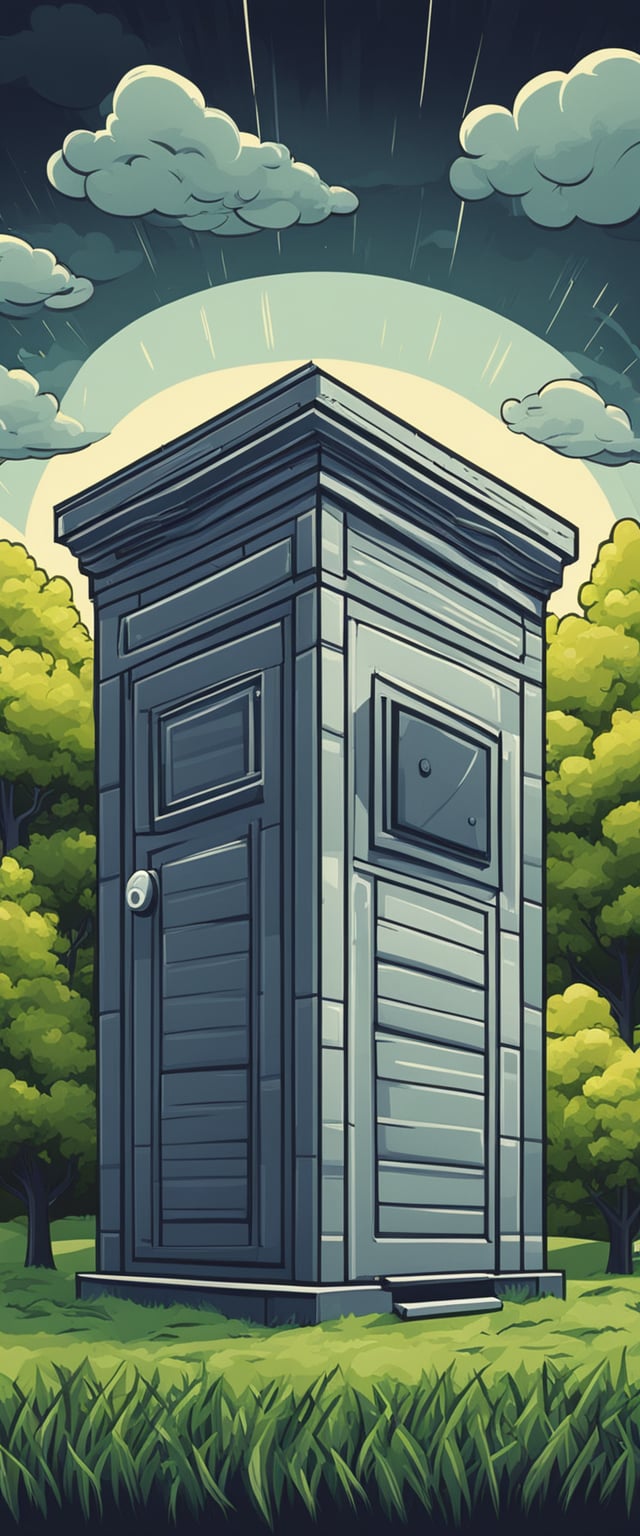 A sturdy above ground storm shelter stands in a grassy backyard, surrounded by trees and under a dark, stormy sky