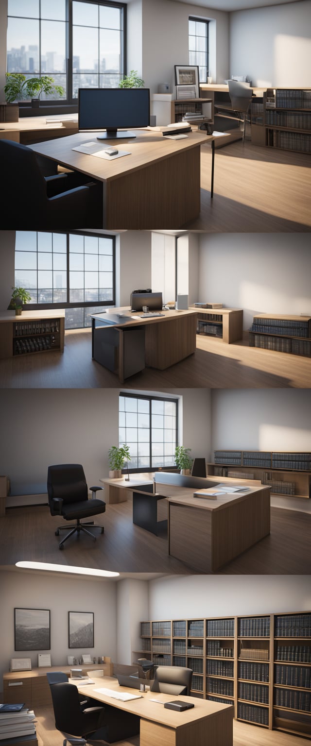 A lawyer's office with a desk, computer, and shelves of legal books. A document with "Spouse Visa" is visible on the desk