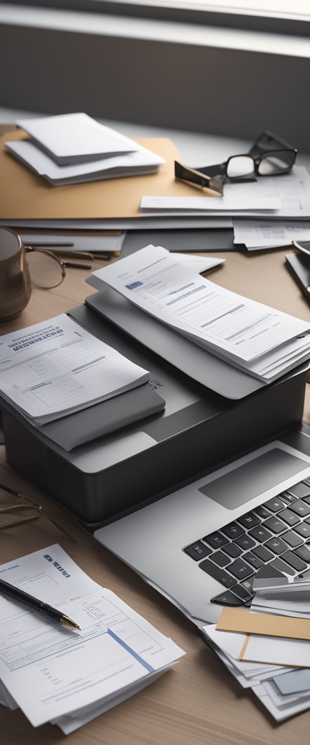 A desk with a laptop, paperwork, and a calculator. A stack of bills and a pen lay next to a brochure for immigration lawyer services