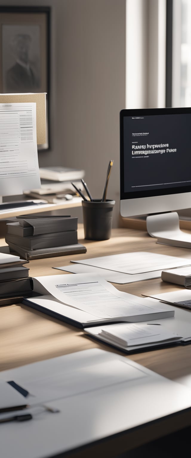 An immigration lawyer's office with a desk, computer, and legal documents. A spouse visa application form and a stack of papers on the desk