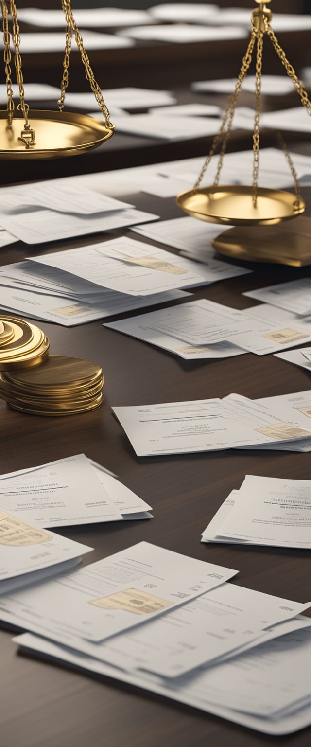 A row of law firm logos with price tags, scales of justice, and immigration documents scattered across a desk