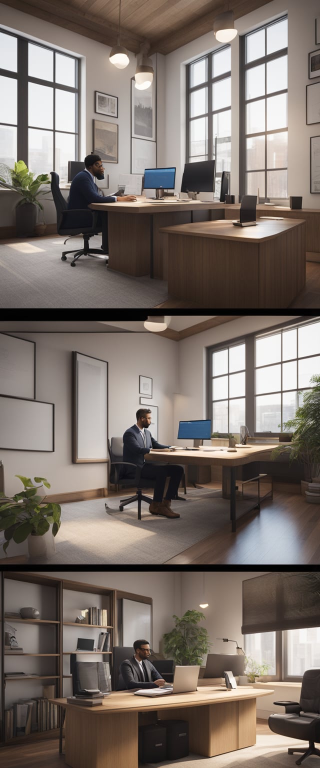 An immigration lawyer's office with a desk, computer, and paperwork. A couple sits together discussing fees and documents for a spouse visa