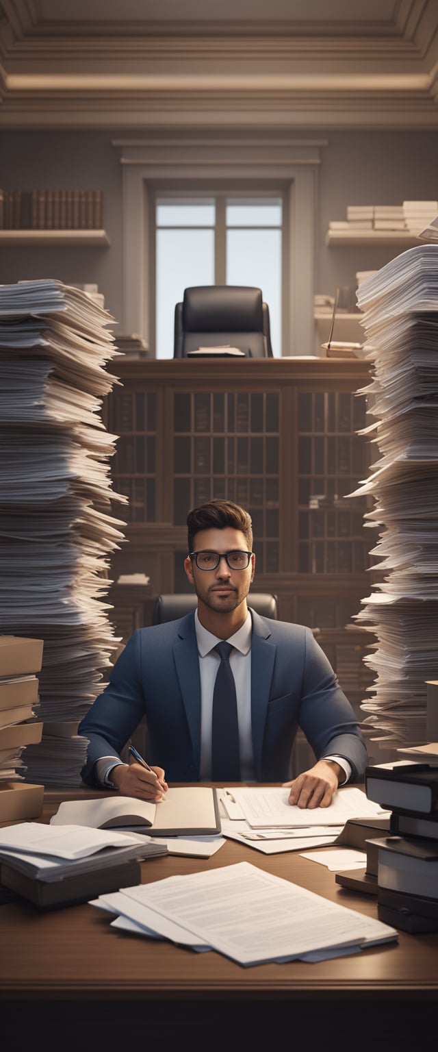 An immigration lawyer sitting at a desk, surrounded by stacks of paperwork and legal documents, with a calculator and pen in hand, calculating spouse visa fees