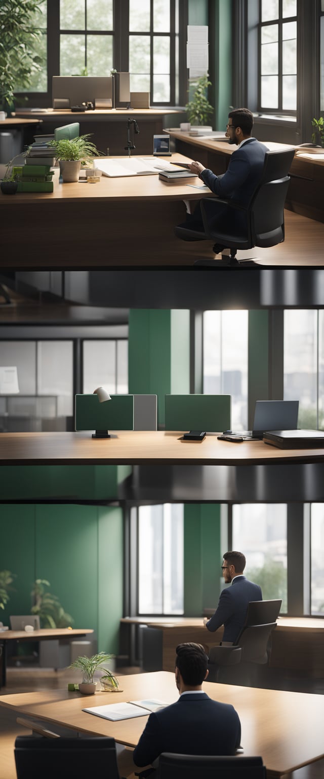 A lawyer's office with a desk, computer, and legal documents. A couple sits across from the lawyer discussing marriage green card costs