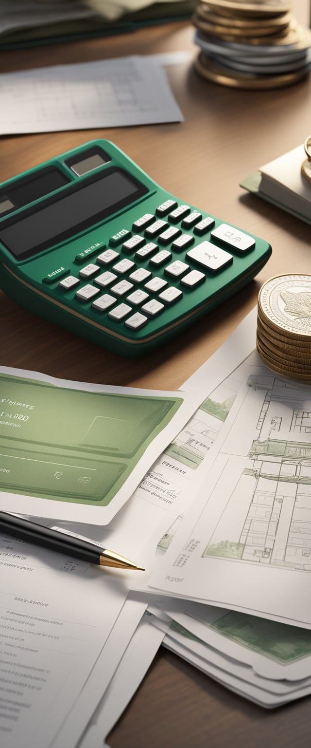 A lawyer's desk with a calculator, legal documents, and a pen, surrounded by images of wedding rings and a green card