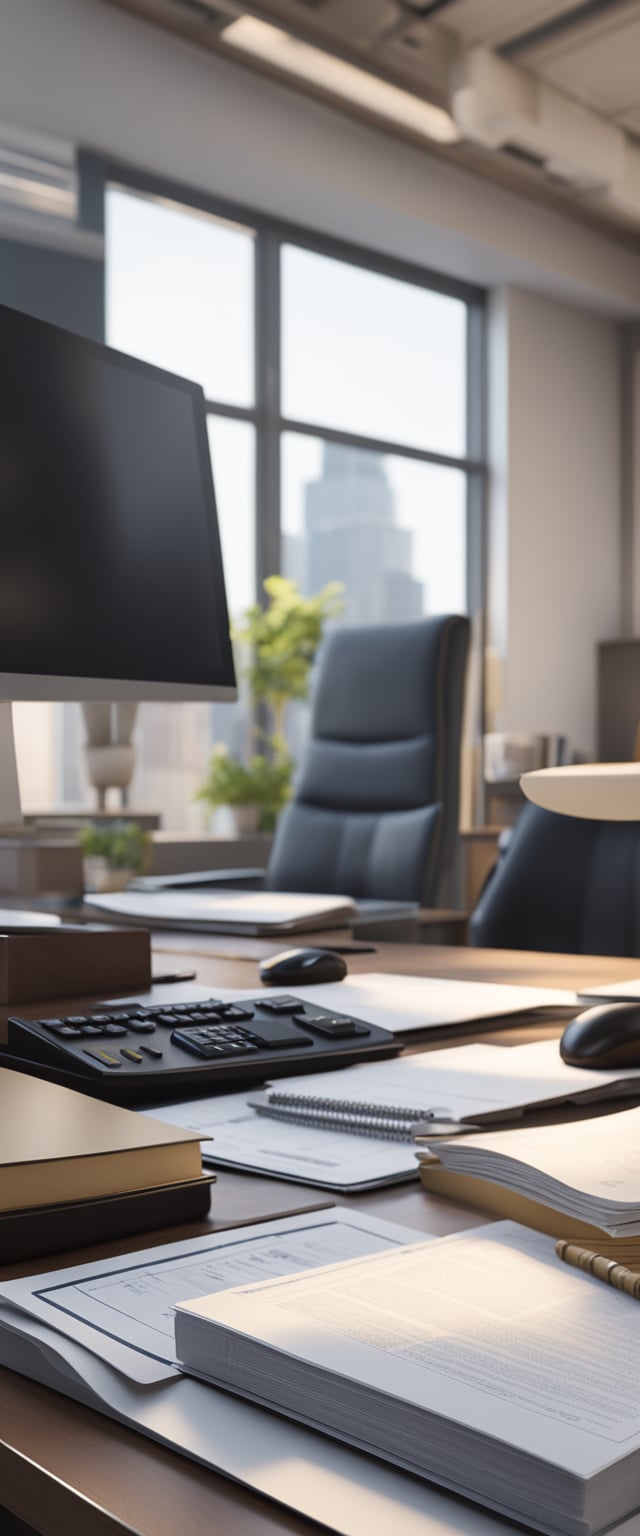 A lawyer's office desk with USCIS forms, calculator, and legal documents