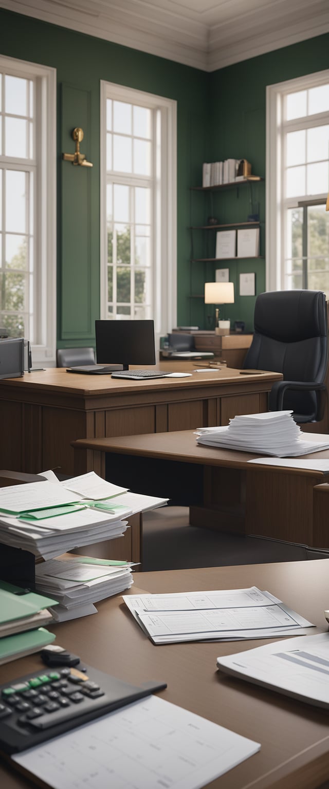 A lawyer's office with a desk covered in paperwork, a computer, and a calendar displaying different fee structures for marriage green card cases