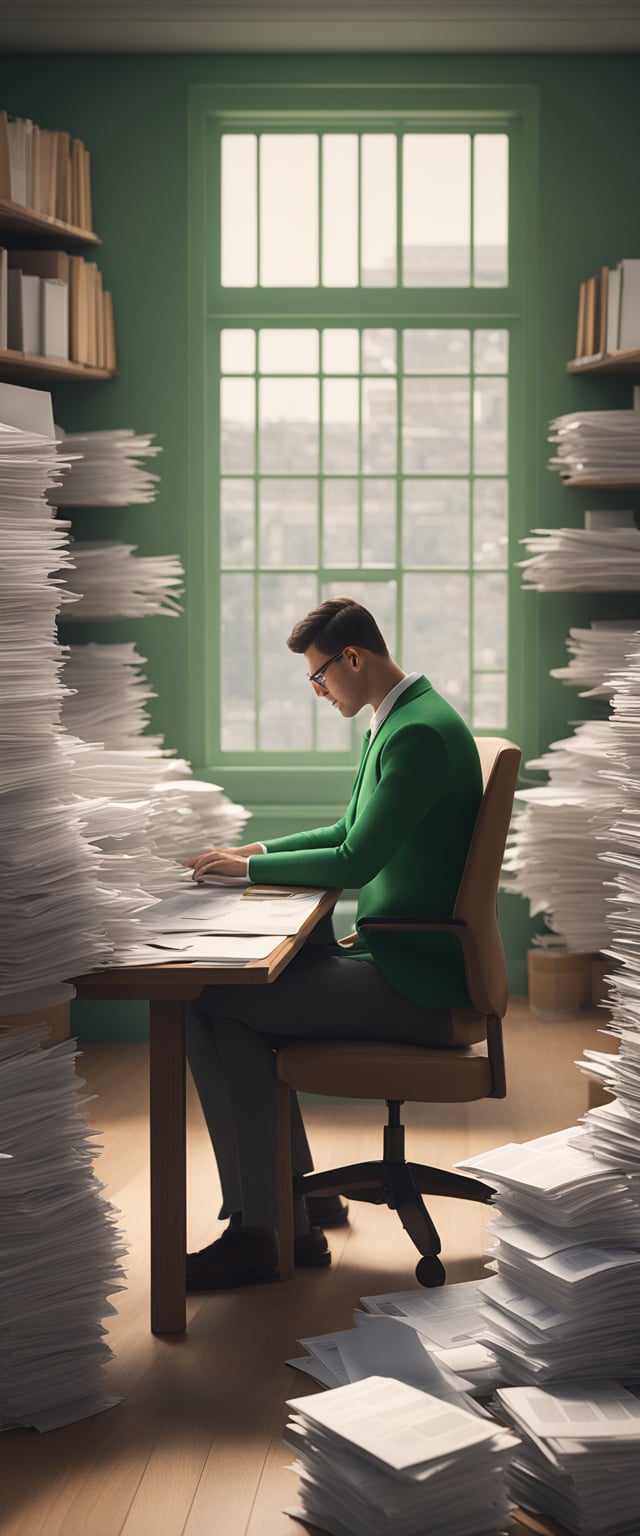 A person sitting at a desk surrounded by paperwork and a computer, with a stack of legal documents and a calculator, contemplating the cost of hiring a lawyer versus self-filing for a marriage green card