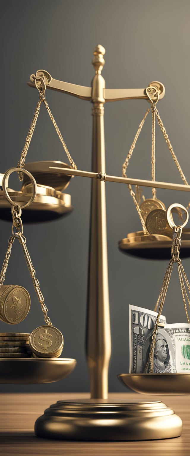 A scale balancing money bags labeled "Regional" and "Law Firm" with a gavel in the background