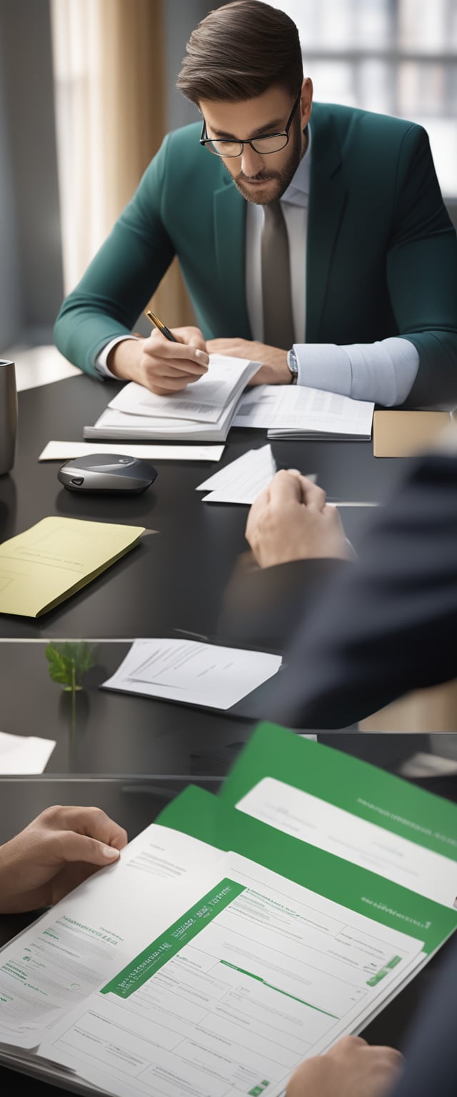 A lawyer reviewing documents and discussing marriage green card services with a client