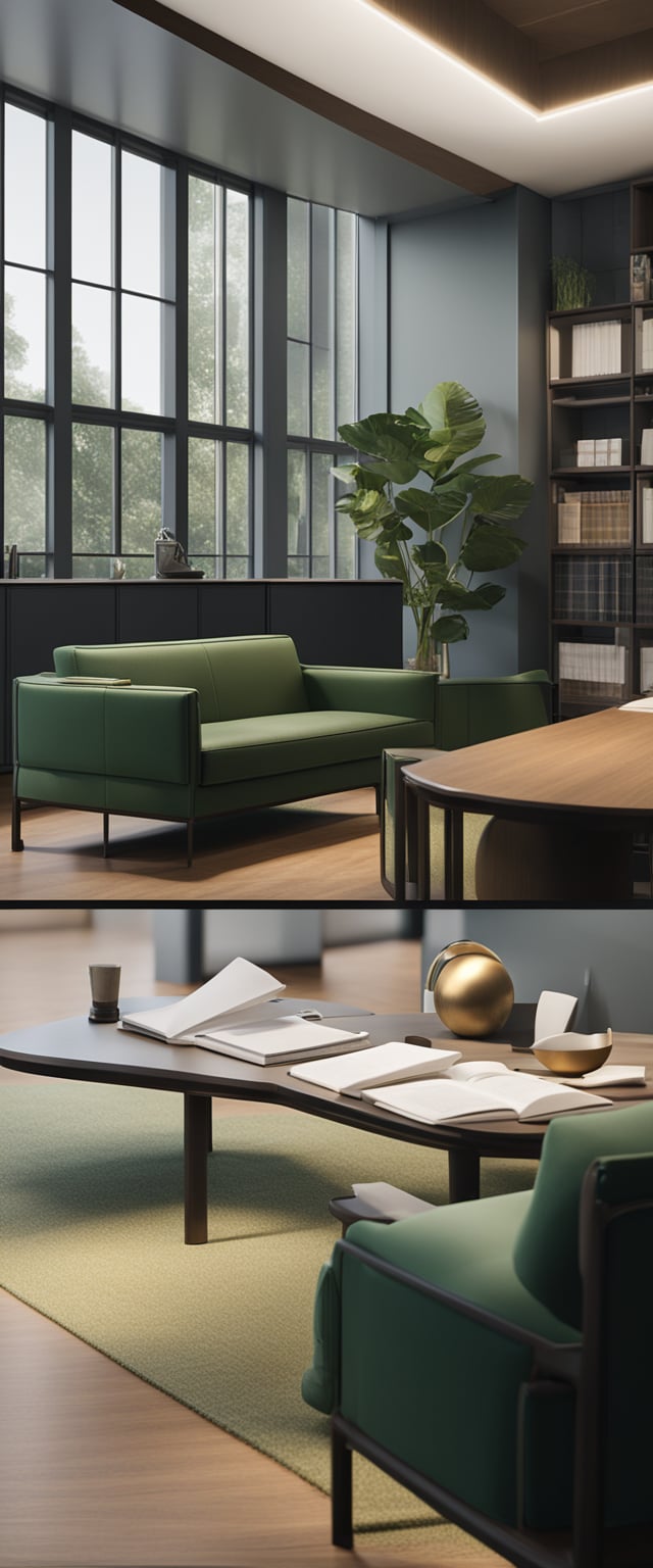 A lawyer's office with a couple discussing paperwork, a green card, and legal fees